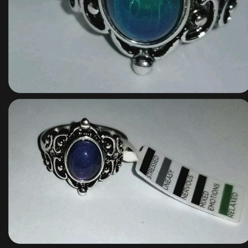 OVAL MOOD RING BOHEMIAN CHANGING COLORS SIZES SILVER - Picture 2 of 3